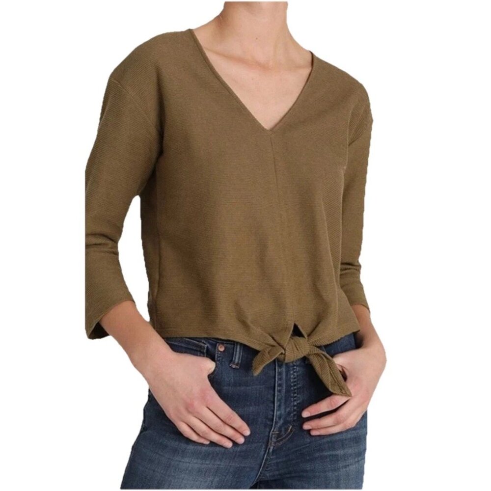 MADEWELL TEXTURE AND THREAD Olive Green Tie-Front 3/4 Length Sleeve Top Sz XS